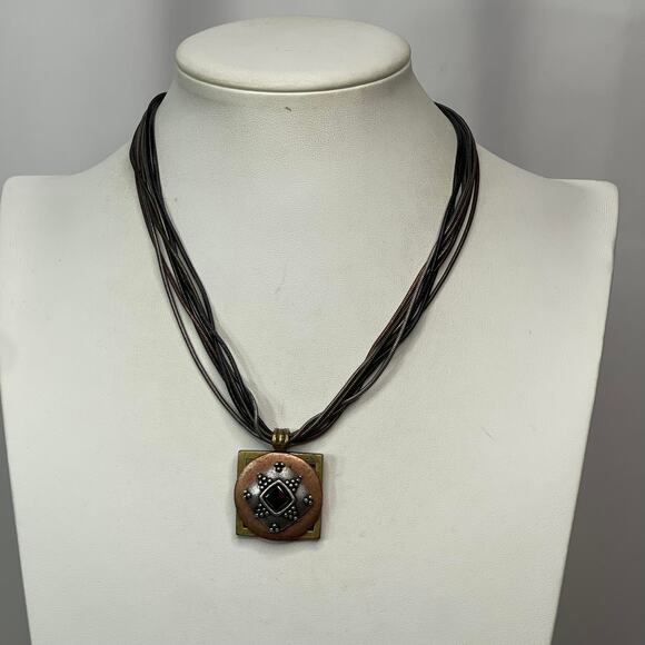 Chico's pendant necklace signed costume jewelry mixed metals on cord - Picture 4 of 16